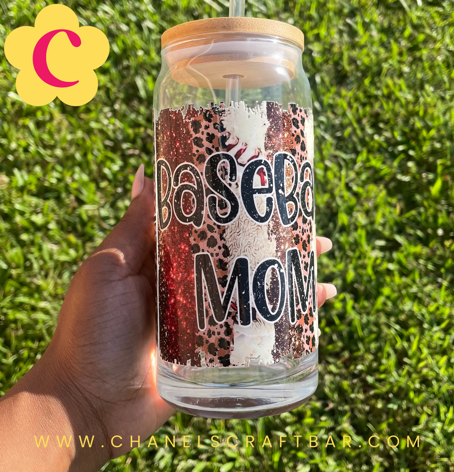 Baseball Mama 20oz Glass Cup with Bamboo Lid + Straw