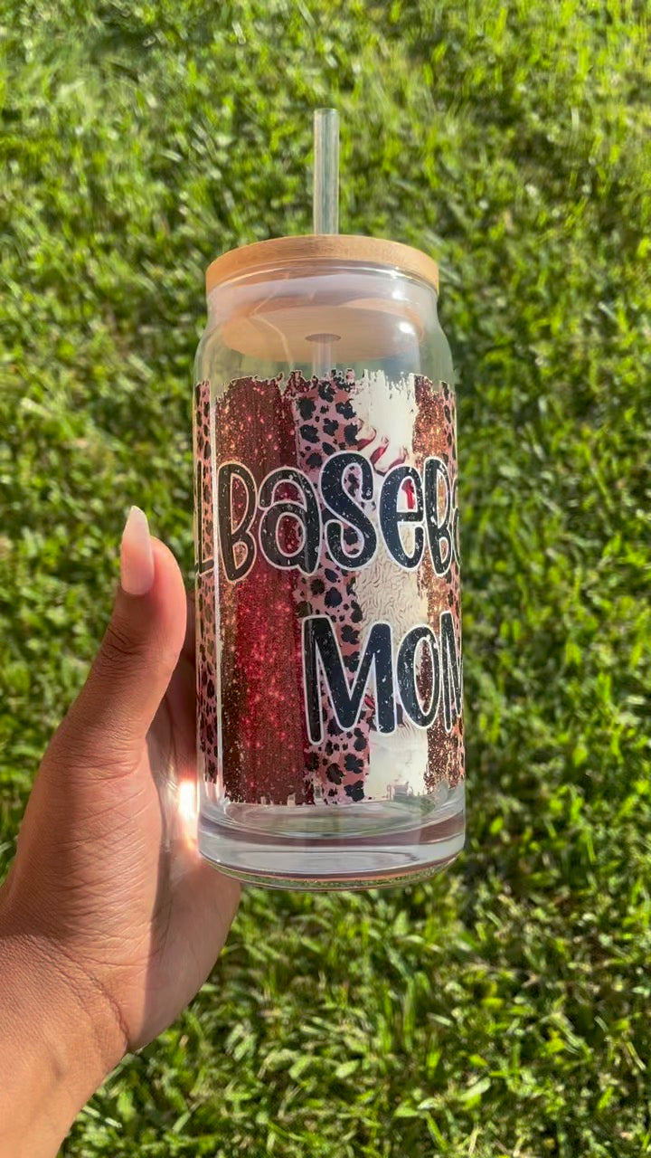 Baseball Mama 20oz Glass Cup with Bamboo Lid + Straw
