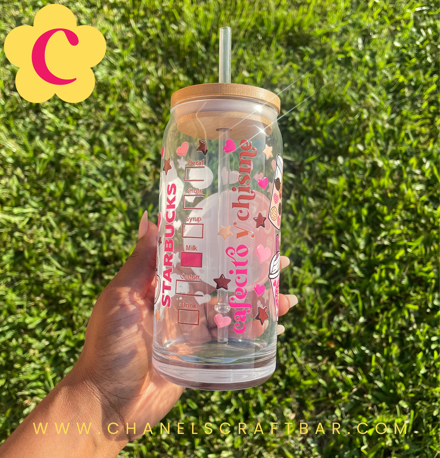 Cafecito Y Chisme 20oz Glass Cup with Bamboo Lid & Reusable Straw