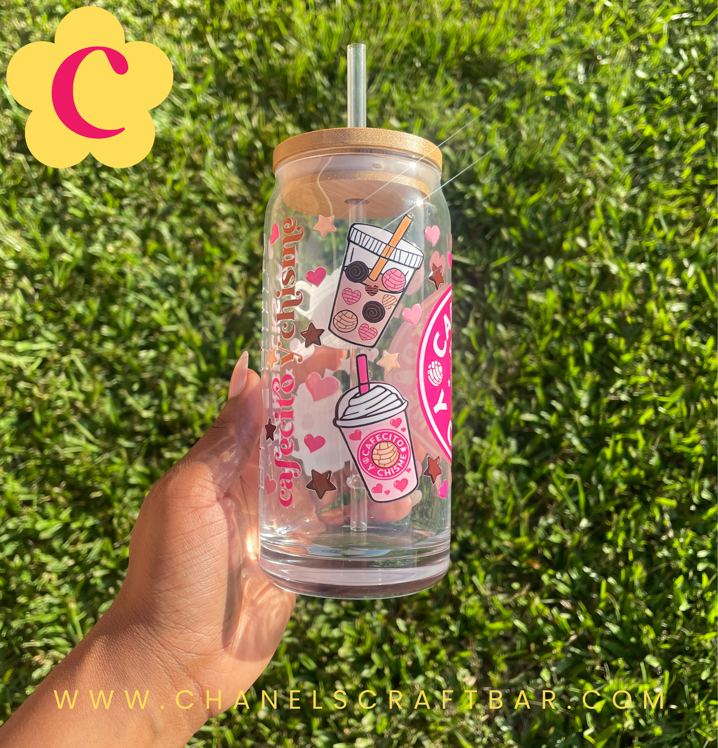 Cafecito Y Chisme 20oz Glass Cup with Bamboo Lid & Reusable Straw