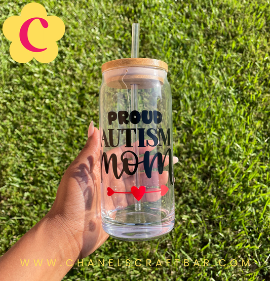 Proud Autism Mom 20oz Glass Cup with Bamboo Lid + Straw