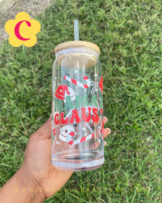 Mama Claus 20oz Glass Cup with Bamboo Lid + Straw