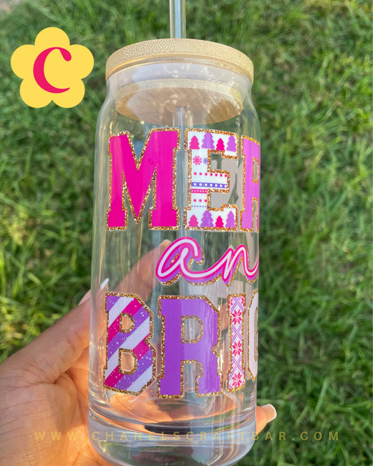 Merry and Bright 20oz Glass Cup with Bamboo Lid + Straw
