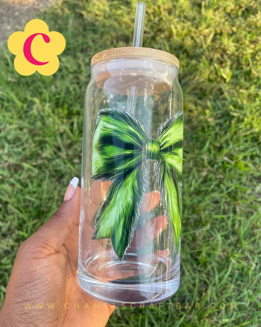 Grinch Bow 20oz Glass Cup with Bamboo Lid + Straw