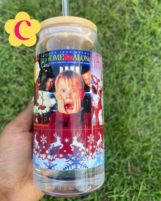 Christmas Movies 20oz Glass Cup with Bamboo Lid + Straw