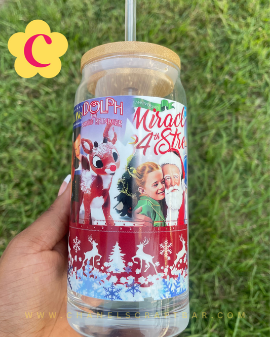 Christmas Movies 20oz Glass Cup with Bamboo Lid + Straw