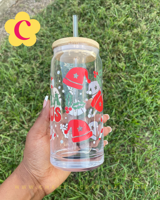 Mama Claus 20oz Glass Cup with Bamboo Lid + Straw
