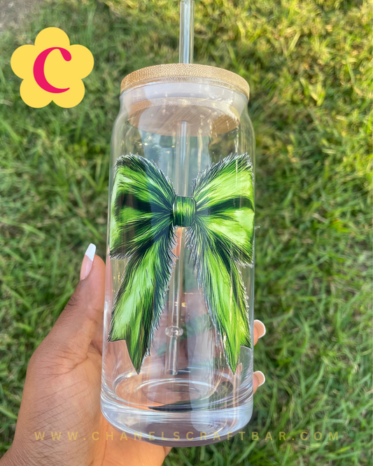 Grinch Bow 20oz Glass Cup with Bamboo Lid + Straw
