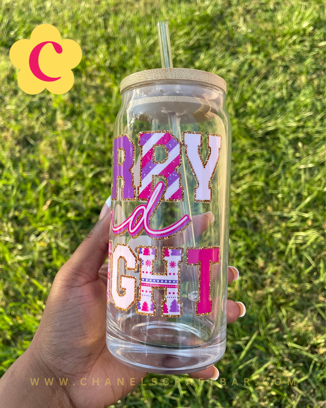 Merry and Bright 20oz Glass Cup with Bamboo Lid + Straw