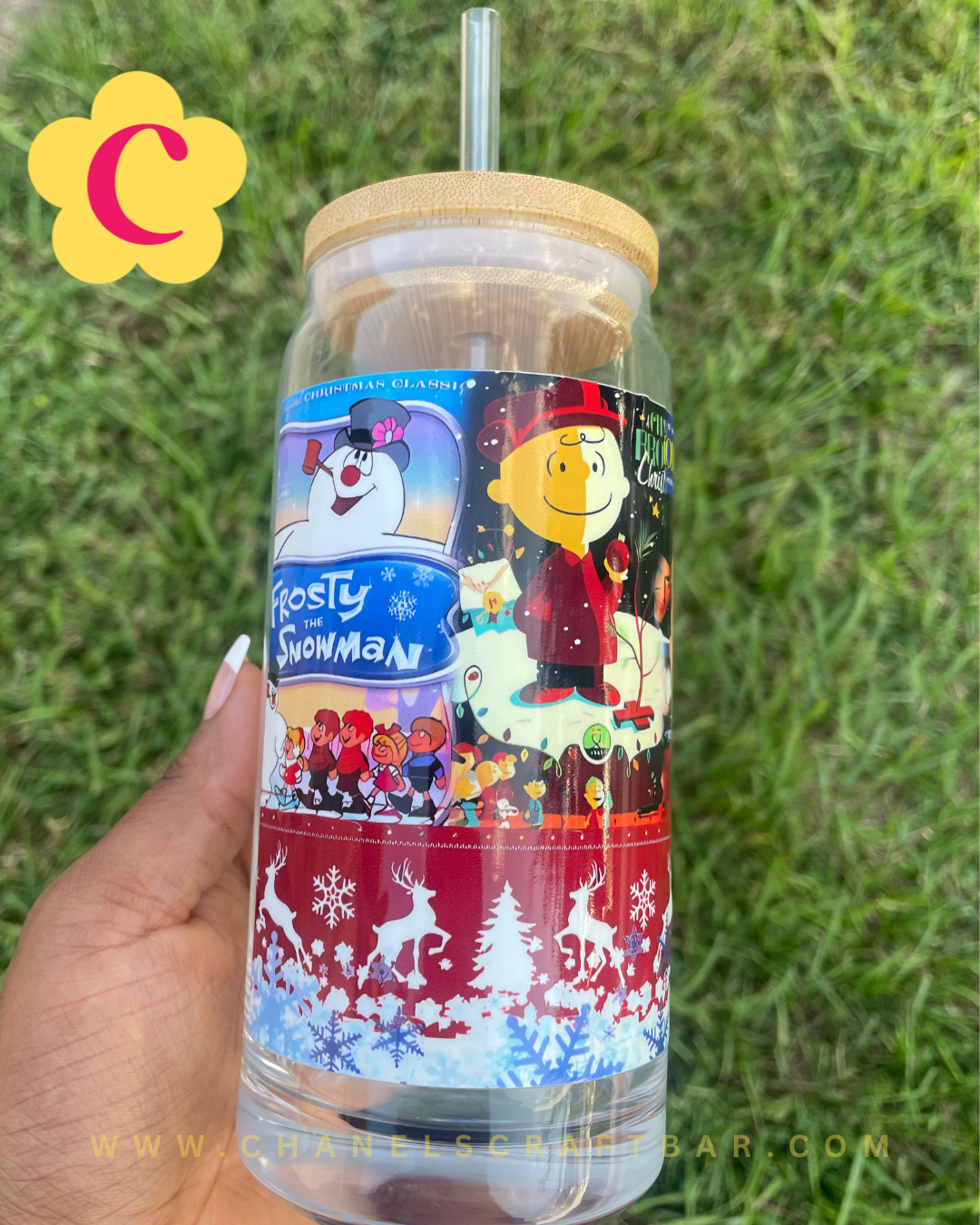 Christmas Movies 20oz Glass Cup with Bamboo Lid + Straw