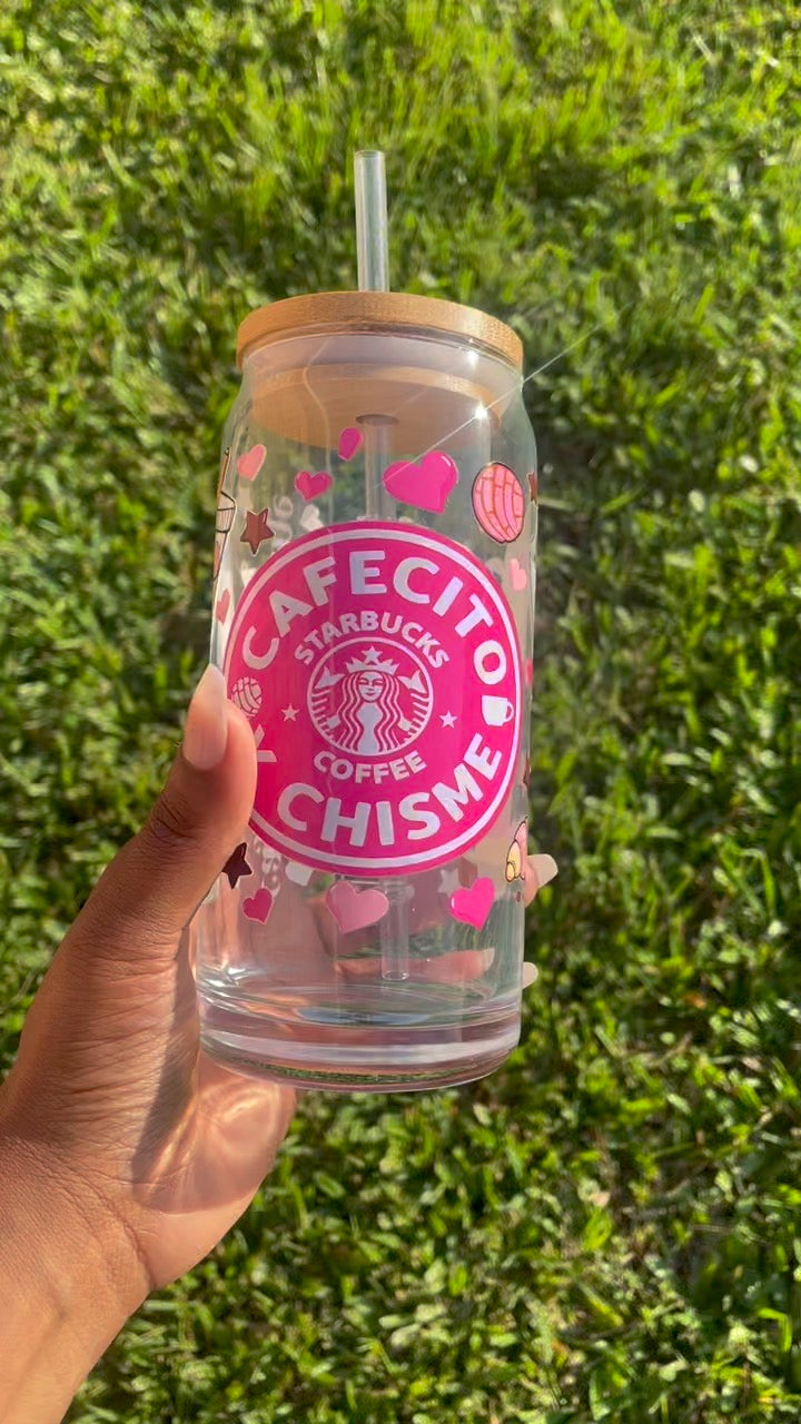 Cafecito Y Chisme 20oz Glass Cup with Bamboo Lid & Reusable Straw
