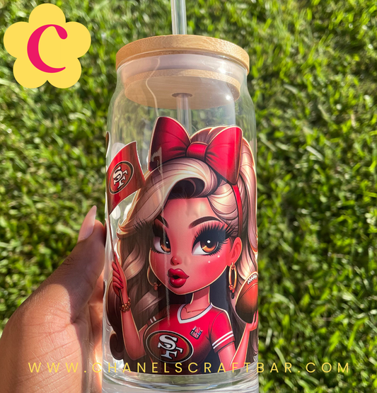 49ers 20oz Glass Cup with Bamboo Lid + Straw
