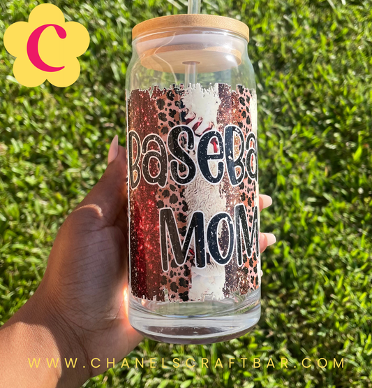 Baseball Mama 20oz Glass Cup with Bamboo Lid + Straw