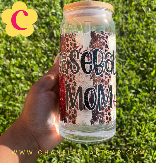 Baseball Mama 20oz Glass Cup with Bamboo Lid + Straw