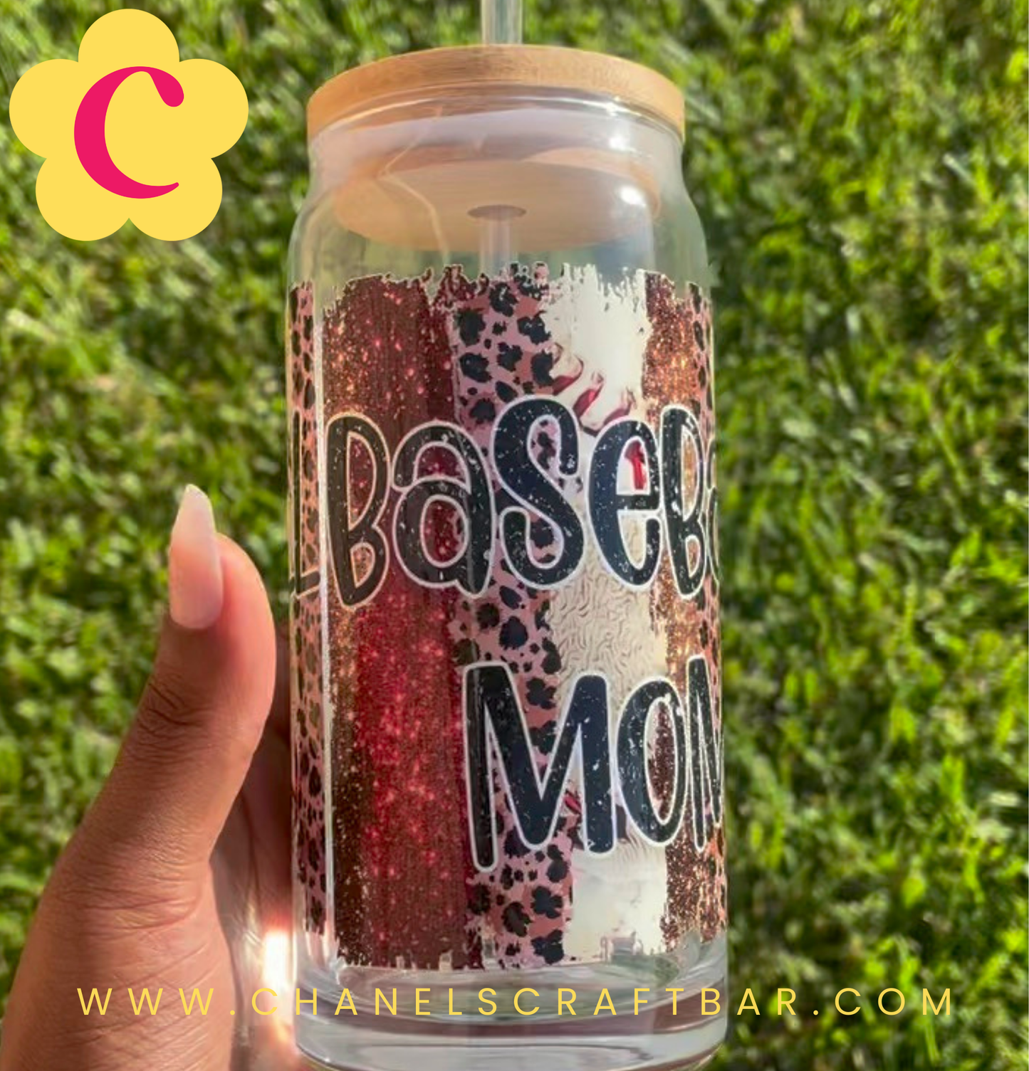 Baseball Mama 20oz Glass Cup with Bamboo Lid + Straw