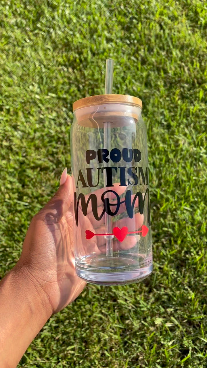 Proud Autism Mom 20oz Glass Cup with Bamboo Lid + Straw