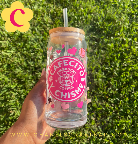 Cafecito Y Chisme 20oz glass cup with bamboo lid and straw