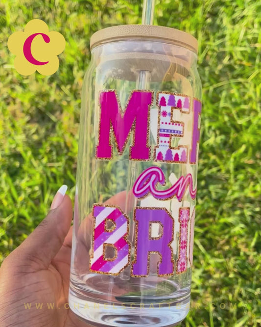 Merry and Bright 20oz Glass Cup with Bamboo Lid + Straw