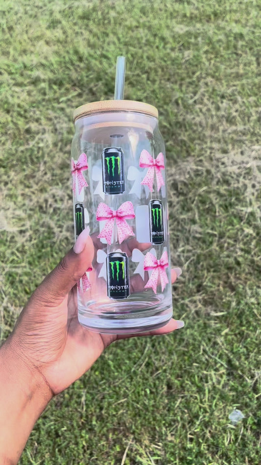 Monster + Bows 20oz Glass Cup With Bamboo Lid + Straw